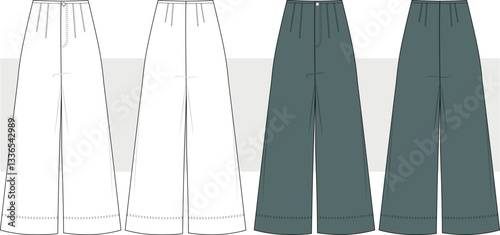 Women pleated darted wide leg palazzo pant trouser template technical drawing flat sketch, illustration, vector. Front and back view, cad, mockup.