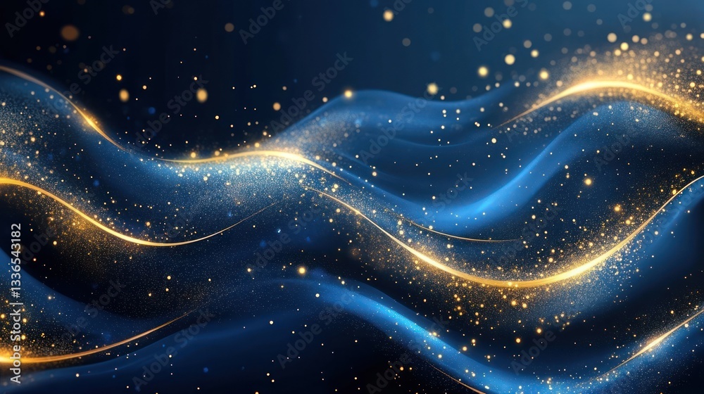 Fototapeta premium Abstract blue and gold glittering wave.