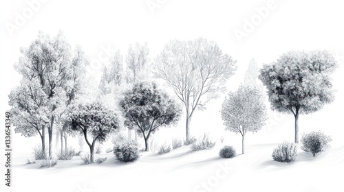 Monochrome sketch of various trees and shrubs on a white background.