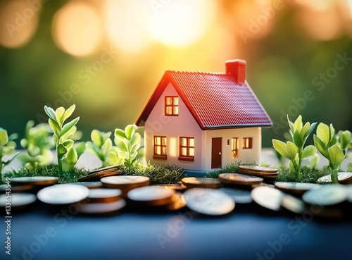 A model house placed on top of coins, surrounded by small green plants and illuminated with warm light.