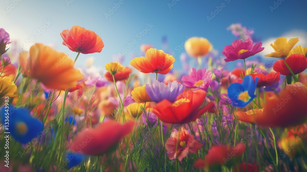 Obraz premium A vibrant field of colorful, diverse flowers in full bloom, featuring a wide array of poppy-like blossoms in shades of orange, red, pink, yellow, purple, blue, and white