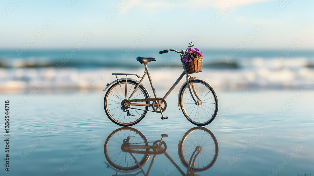 Fototapeta premium Two bikes on beach against ocean waves,Bike on the background of the sea. Bike ride through the forest,A miniature vintage bicycle with intricatel detailing and a small front basket carrying a bou