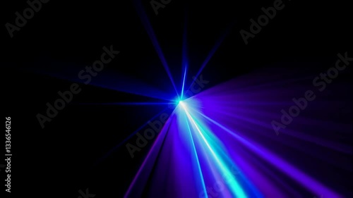 Blue bright light beams on black background. Blue rays of light radiate from a central point,  dynamic  animation. abstract light blue star space burst 