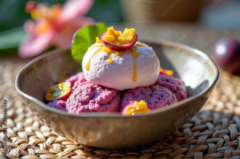 Obraz premium Tropical dessert with meringue and fresh fruit in artisan bowl