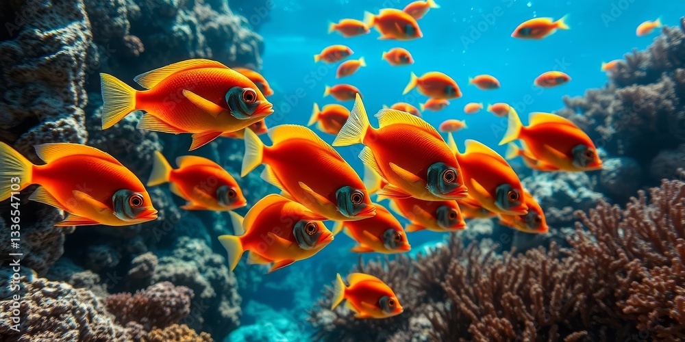 Naklejka premium A vibrant school of orange fish gracefully swims through a coral reef, showcasing the beauty of underwater life.
