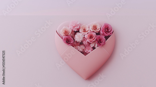 Romantic heart-shaped floral box filled with soft pink flowers, AI generated, perfect for Valentine's Day, wedding themes, and gift branding