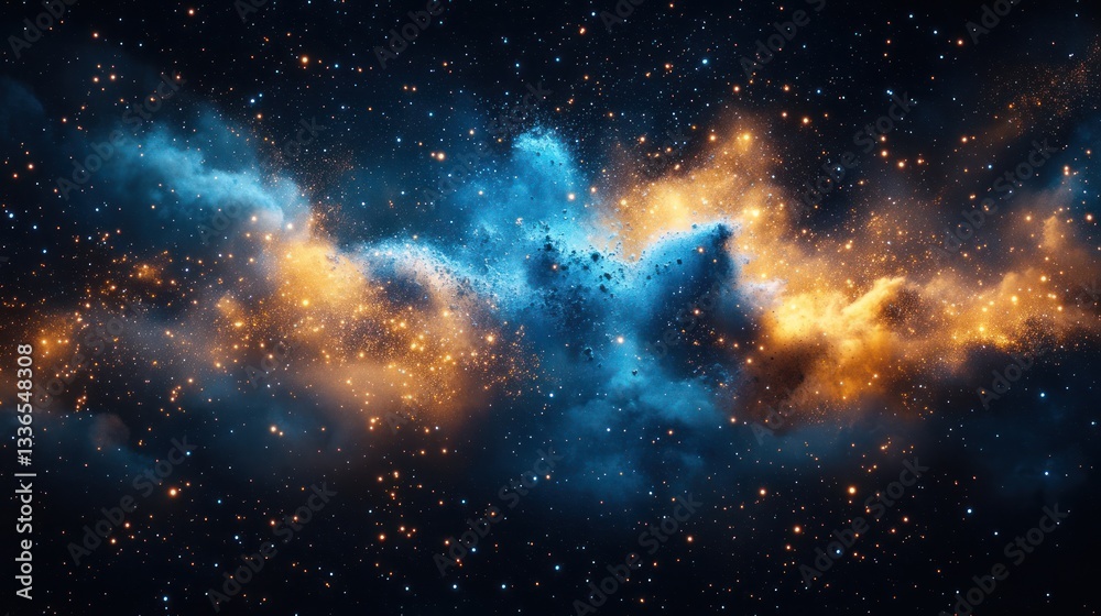 Fototapeta premium Cosmic nebula with blue and orange glowing gas clouds.
