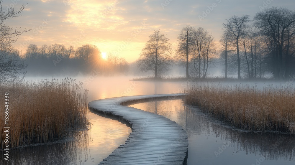 A serene sunrise over a misty lake with a winding wooden pathway leading to tranquil waters and silhouetted trees A serene sunrise over a misty lake with a winding wooden pathway leading to tranquil waters and silhouetted trees