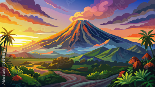 Arenal Volcano at Sunrise...A rare sight at the perfect 15 second window to capture sunrise in all of it's glory. Light glistens off the clouds and the mountain and the