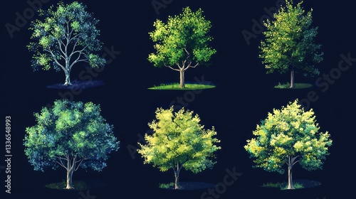 Six stylized trees in various shades of green, isolated on black.