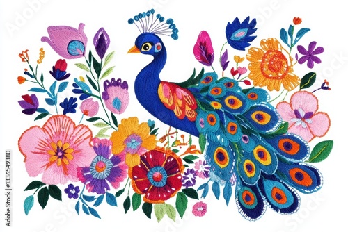 Embroidery illustration of a vibrant peacock surrounded by colorful flowers on a white backdrop.