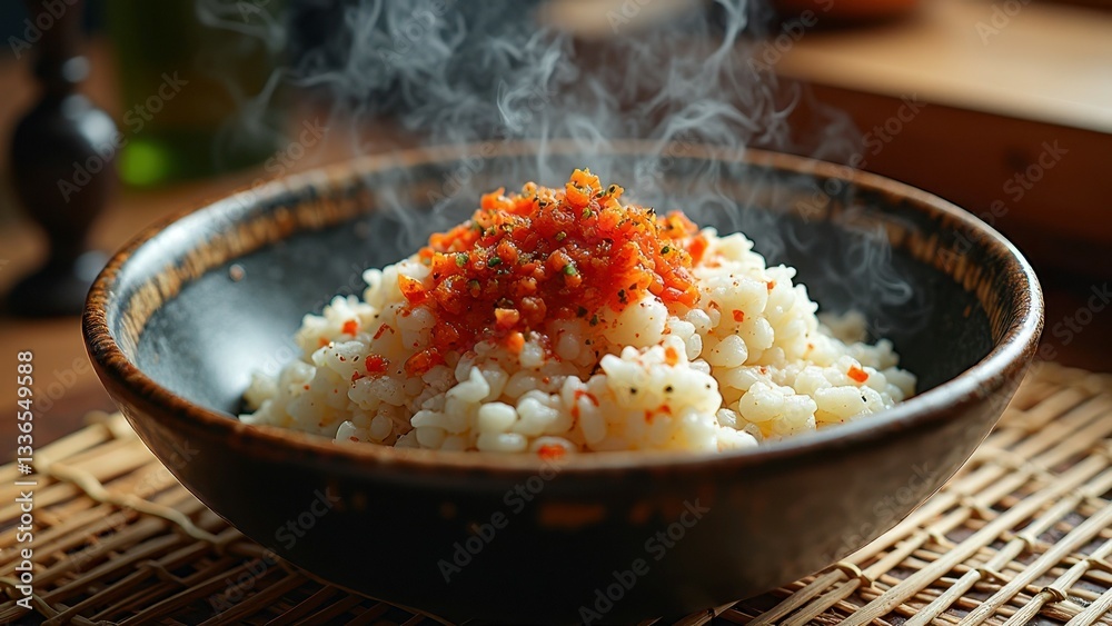 Steaming rice bowl with spicy salsa garnish on woven placemat Steaming rice bowl with spicy salsa garnish on woven placemat