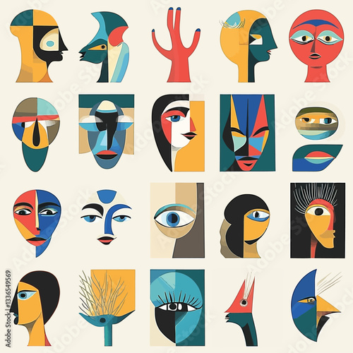 Abstract face art, geometric portraiture, modernist human expressions
