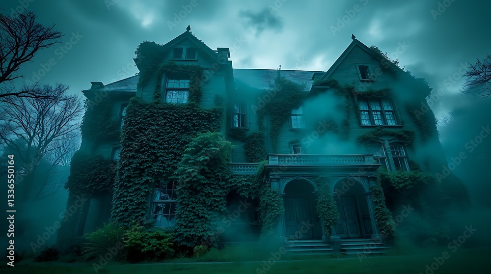 Haunted mansion, gothic architecture, overgrown vines, foggy atmosphere, teal color palette, eerie glow, dark silhouette, spooky trees, ominous sky, abandoned estate, Halloween mood, mysterious aura, Haunted mansion, gothic architecture, overgrown vines, foggy atmosphere, teal color palette, eerie glow, dark silhouette, spooky trees, ominous sky, abandoned estate, Halloween mood, mysterious aura,
