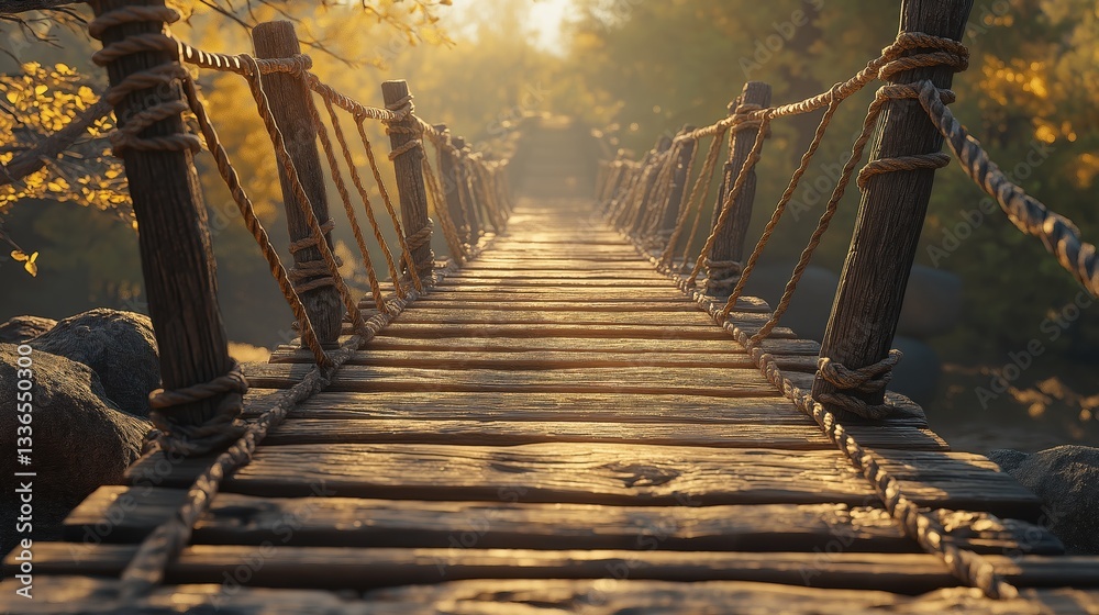 Naklejka premium A weathered wooden bridge with a rope-detailed railing, extending into a sunny landscape with trees and rocks