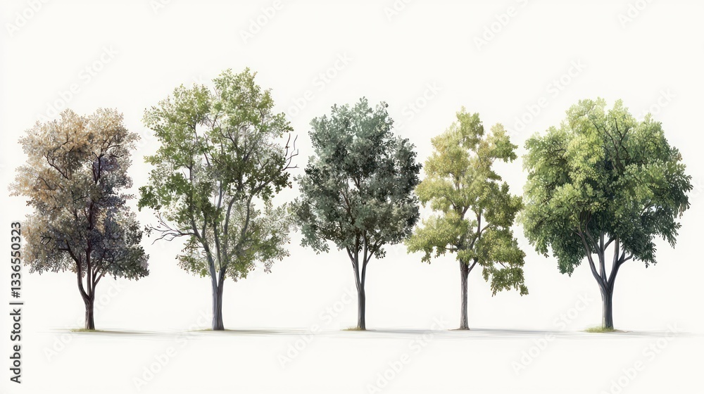 Fototapeta premium Five trees showing seasonal changes.