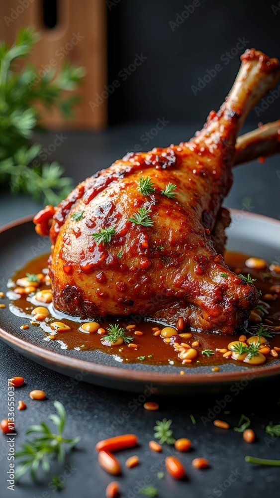 Naklejka premium Juicy roasted chicken drumstick with herbs and spicy sauce on plate