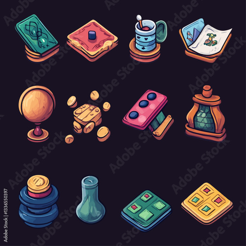 Stylized Isometric Illustrations of Various Objects on a Dark Background