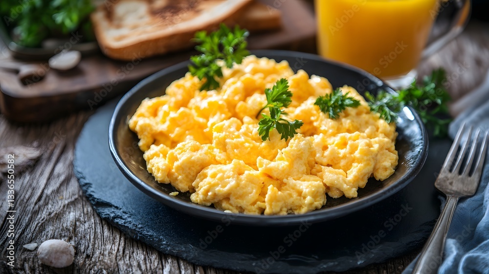 Scrambled eggs plated on a dark slate dish with fresh herbs. Scrambled eggs plated on a dark slate dish with fresh herbs.