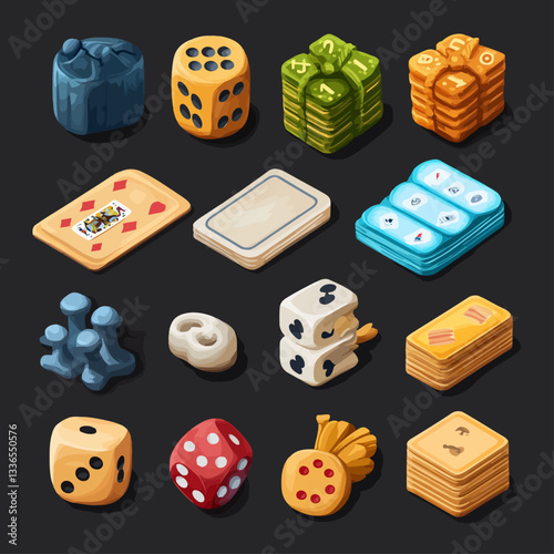 Game Pieces, Dice, Cards, Tokens and Objects Isolated on Black