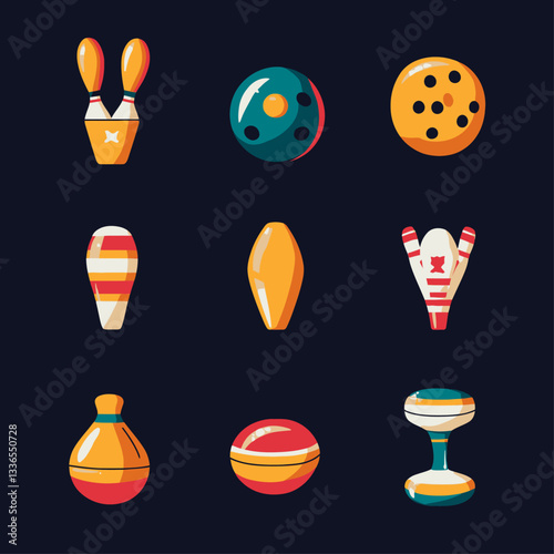 Colorful set of stylized sports equipment icons on dark background