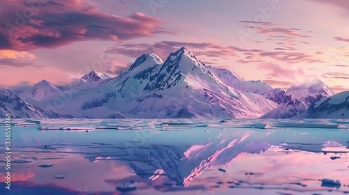 Snow-capped mountains reflected in a frozen lake under a pastel sky.

 photo