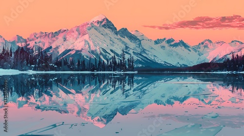Snow-capped mountains reflected in a frozen lake under a pastel sky.

 photo