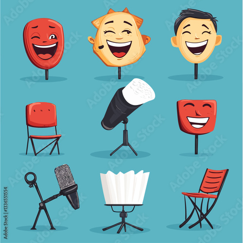 Whimsical Stage Props: Masks, Microphone, Chair, and Lighting, on Blue