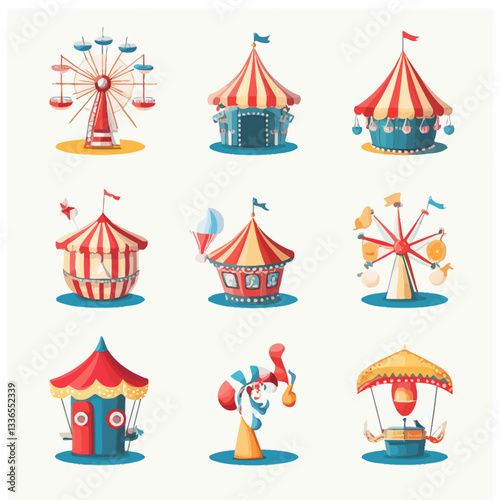 Colorful Cartoon Amusement Park Rides, Circus Tents and Ferris Wheel