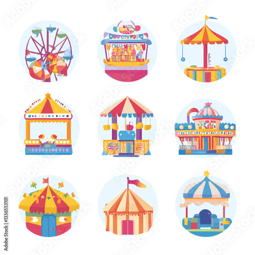 Fairground Rides and Carnival Games: Colorful Illustrations in a Circular Design