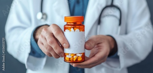 A healthcare professional holds an orange pill bottle, emphasizing medication and the importance of prescriptions in medical treatment.