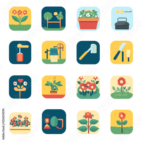 Garden icons set: flowers, tools, plants, and garden elements.