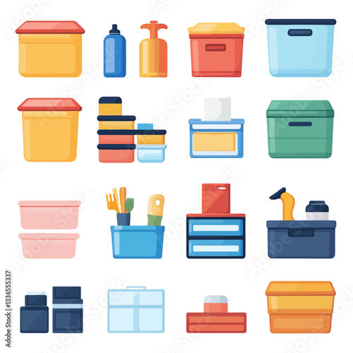Colorful Kitchen Storage Containers and Boxes, Vector Illustration, Set