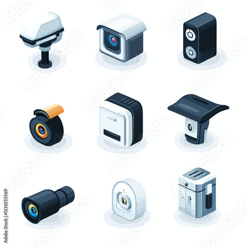 Isometric security cameras and surveillance devices, illustration, CCTV