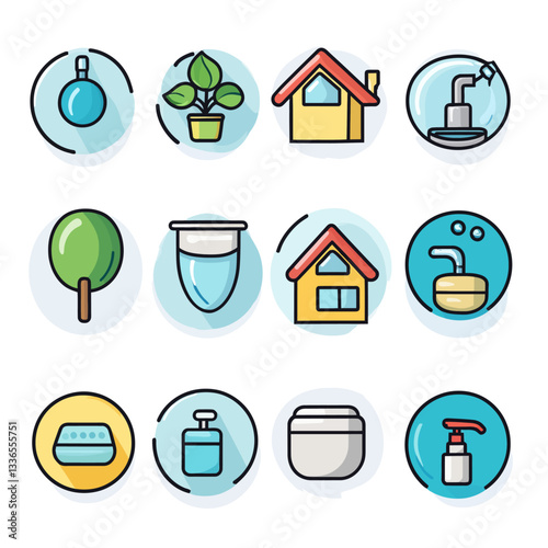 Vector icons of house, plant, tree, water, soap, hygiene, bathroom, illustration.