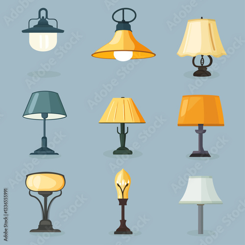 Vector Illustration of Diverse Lamps, Lighting Fixtures, and Lampshades.
