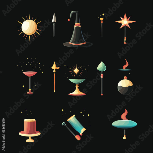Magical Icons Set on Black Background, Fantasy Elements, Vector Illustration