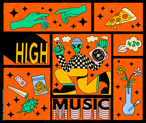 Psychedelic Alien 420 Vibes – Music & Cannabis Art Poster.  Weed character.