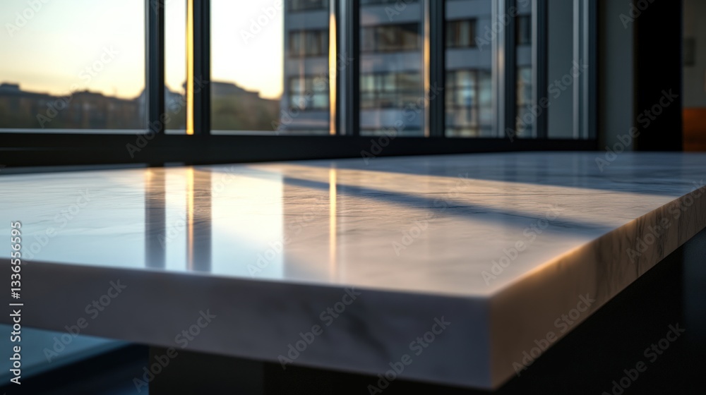 Fototapeta premium Sleek marble countertop reflecting sunlight