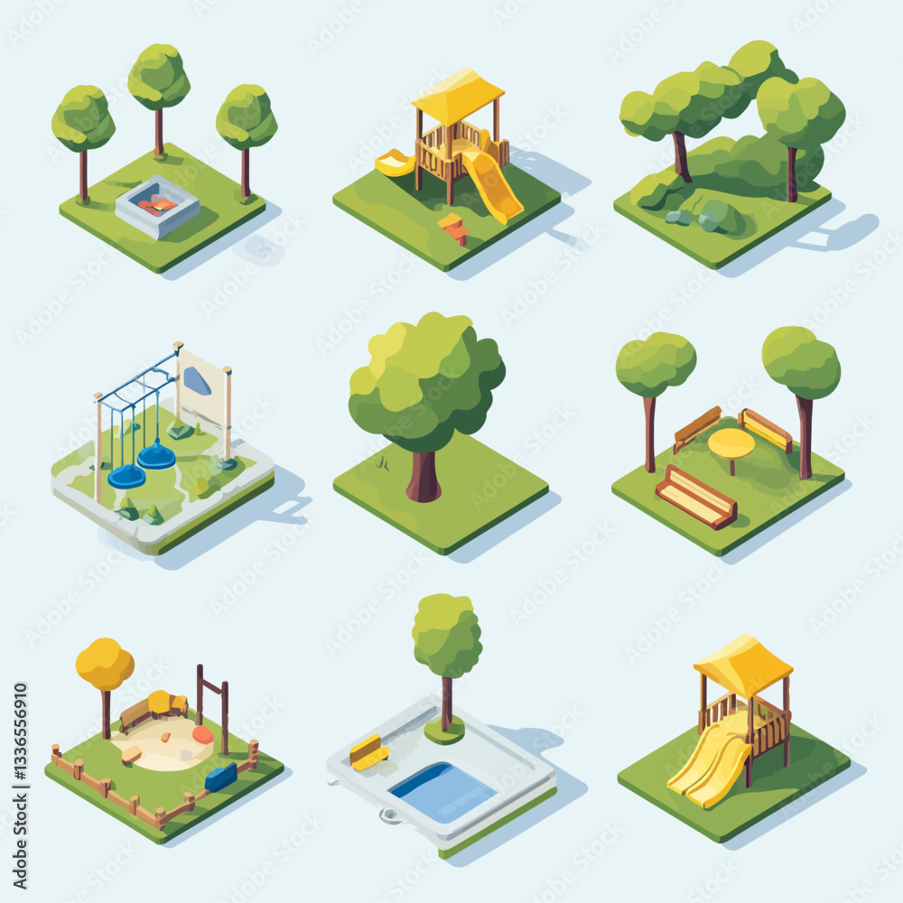 Isometric playground elements with trees, slides, swings, sandpit, and pool