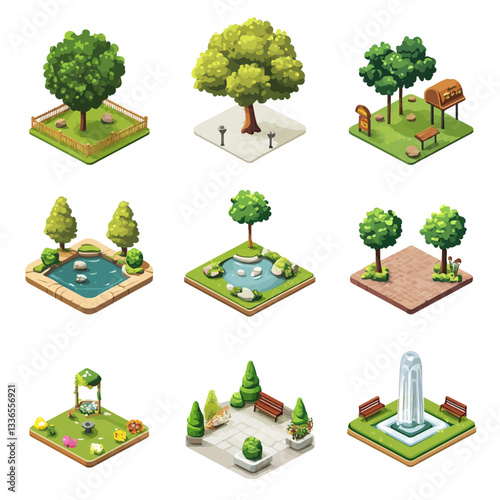 Isometric Park Elements, Garden Scenes, Trees, Ponds, Fountains, Park Designs