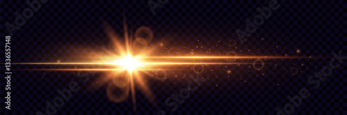 Horizontal golden laser light with glowing particles effect on transparent background.Vector illustration.
