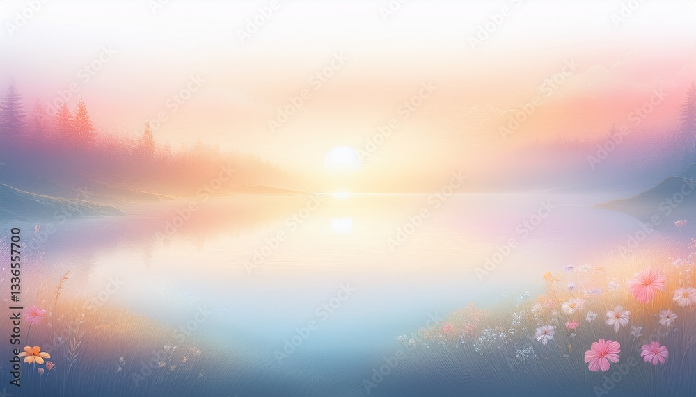 Naklejka premium Subtle pastel illustration of a fresh sunrise with soft misty hues, symbolizing new beginnings, hope, and calm, perfect for wellness, motivation, and nature themes.