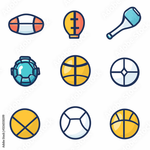 Sports Balls and Equipment Flat Design Icon Set Illustration