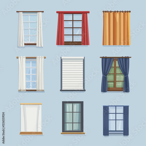 Set of Cartoon Windows with Curtains and Shutters Illustration