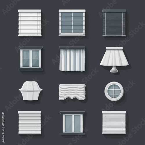 Assorted Window Treatments and Lamp Design on Dark Background.