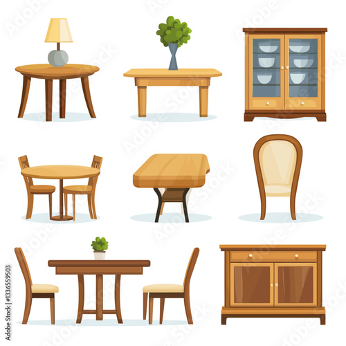 Cartoon Furniture Collection, Tables, Chairs, and Cabinet Illustrations