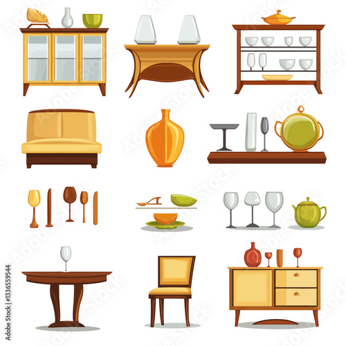 Decorative furniture and tableware illustrations, vector style, on white