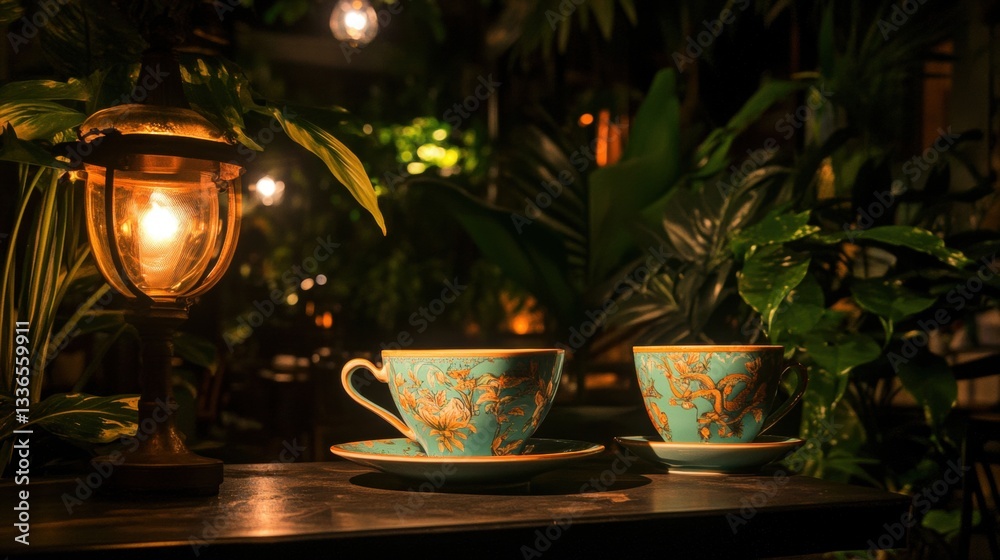 A whimsical tea party with eccentric teacups and whimsical creatures.