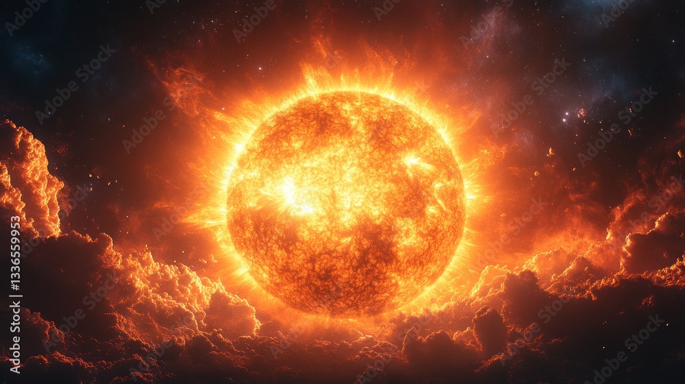Fototapeta premium Fiery Celestial Inferno: A blazing star amidst cosmic clouds